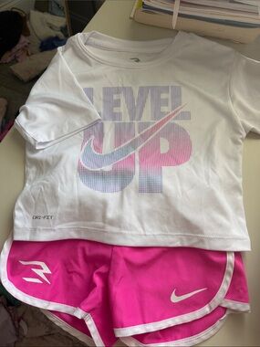 Nike White Tee with Pink Gradient 'LEVEL UP' Graphic and Hot Pink Shorts